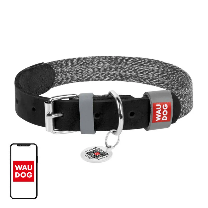 Dog collar made of natural leather and recycled material with QR code Waudog size L, width 25 mm, black Dog collar made of natural leather and recycled material with QR code Waudog size L, width 25 mm, black