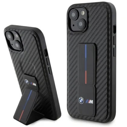 BMW case for iPhone 15 6,1&quot BMHCP15SGSPCCK black HC GRIP STAND PU SMOOTH AND CARBON