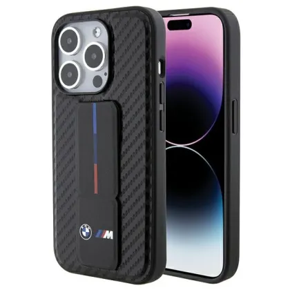 BMW case for iPhone 15 Pro 6,1&quot black BMHCP15LGSPCCK M HC GRIP STAND PU SMOOTH AND CARBON